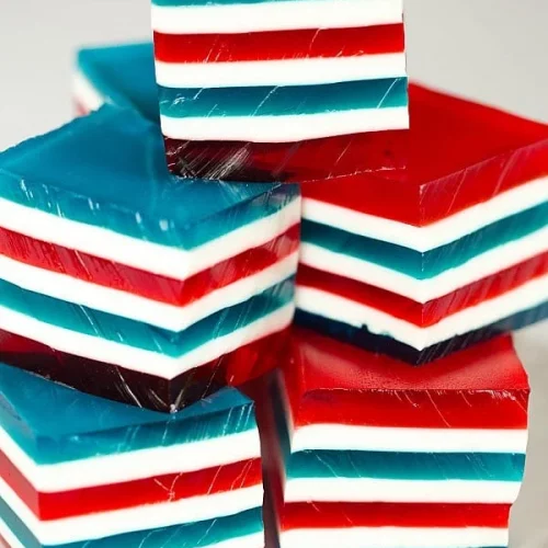 Cubes of jello with red, white, and blue layers