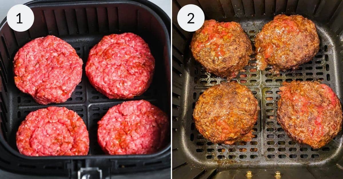 Two side-by-side images show Air Fryer Hamburger Patties: four raw beef patties in the air fryer basket (left) and the same patties cooked and browned to perfection (right). Numbers 1 and 2 label the images respectively.