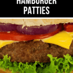 Close-up image of a hamburger patty in a bun, topped with lettuce, cheese, tomato, and red onion slices. Text on the image reads "Delicious Air Fryer Hamburger Patties.