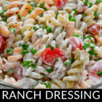 A bowl of mixed pasta salad with ranch dressing, crispy bacon pieces, cherry tomatoes, peas, and a parsley garnish, labeled "Bacon Pasta Salad with Ranch Dressing" at the bottom.