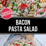 A colorful Bacon Pasta Salad with Ranch Dressing, featuring spiral pasta, cherry tomatoes, peas, and parsley, served in a large glass bowl.