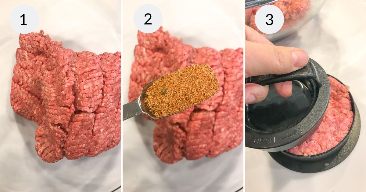 Mixing the seasoning mix into the ground beef and then being pressed.