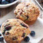 Old Fashioned Blueberry Muffins on a plate.