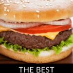 A close-up of a burger with lettuce, cheese, tomato, onion, and a sesame seed bun. Text at the bottom reads "The Best Cast Iron Burgers." The words perfectly capture the essence of our mouth-watering cast iron burgers.