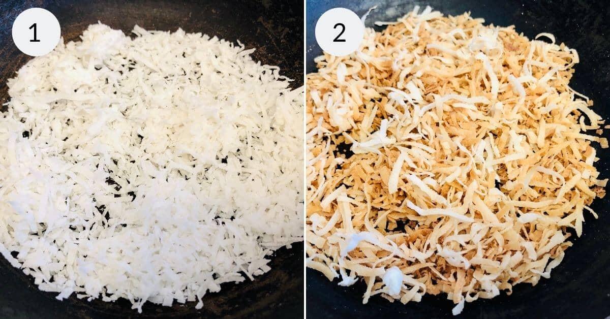 A pan showing shredded coconut before (image 1) and after (image 2) toasting, turning from white to golden brown. Imagine this crispy topping on chocolate-covered pineapple for a delightful treat!