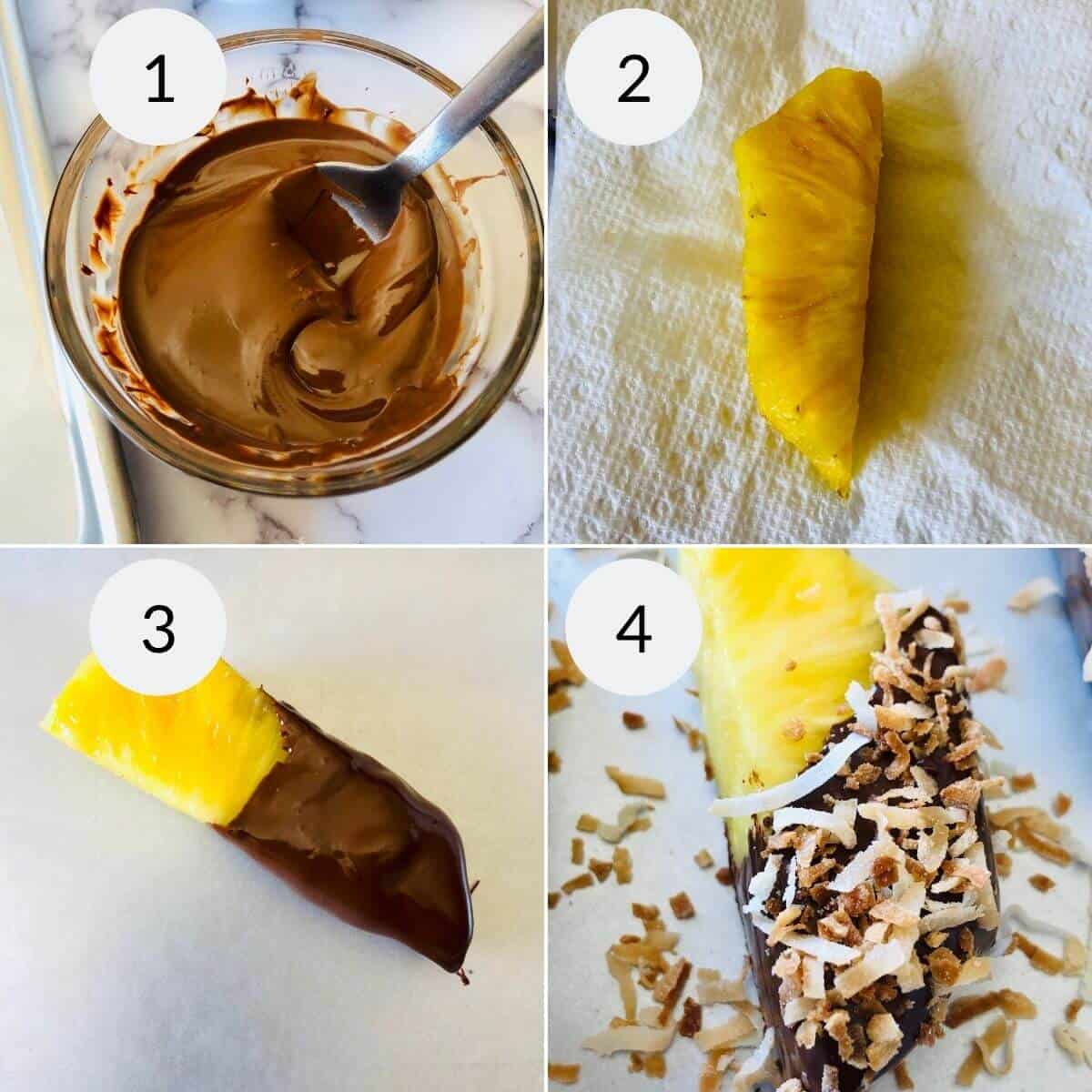 A bowl of melted chocolate with a spoon sits beside a pineapple slice on a paper towel. Nearby, a pineapple slice is partially dipped in chocolate. Finally, the piece de resistance: a chocolate-covered pineapple slice topped with toasted coconut.