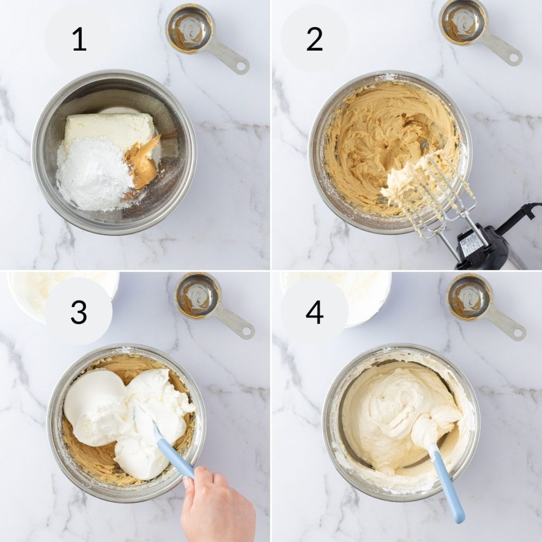 Mixing the peanut butter fiiling mix then the whipped topping added.