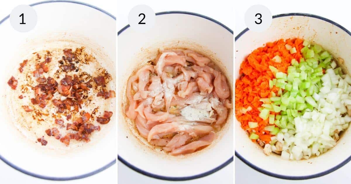 Cracked Chicken Soup: A three-step cooking process where you start by browning bacon in a pot, then add sliced, seasoned chicken. Finally, toss in chopped carrots, celery, and onions for a hearty finish.