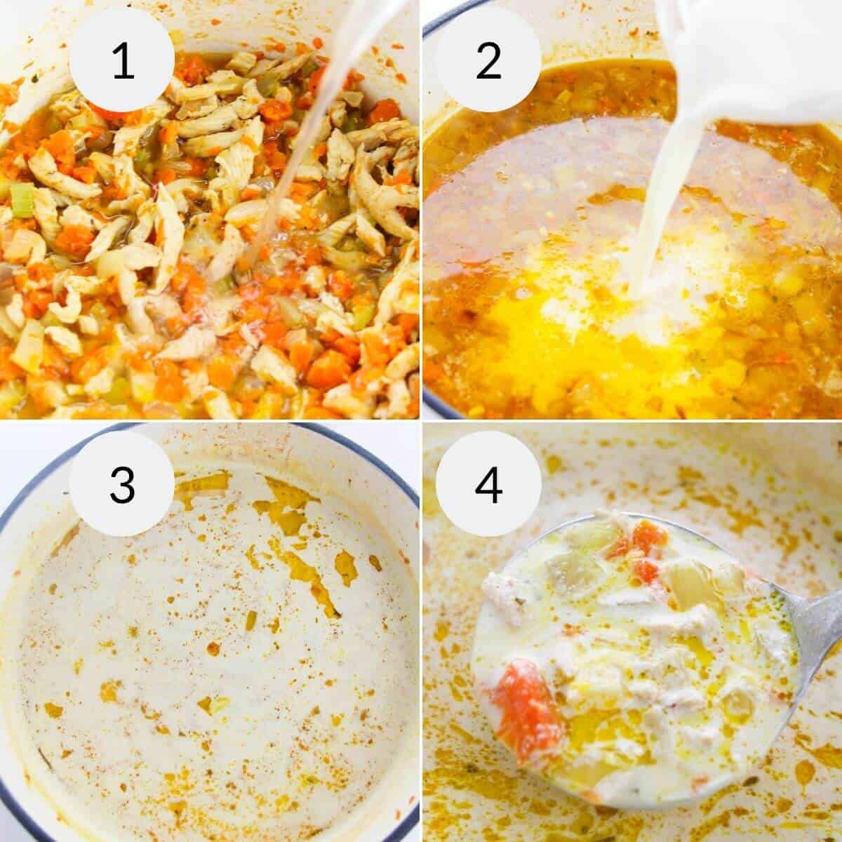 Recipe steps in four images: 1. Sautéed chicken and vegetables. 2. Broth and milk added to create a hearty base. 3. Simmer the mixture gently for depth of flavor, typical of cracked chicken soup. 4. Finished creamy chicken soup being ladled for a perfect serving.