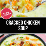 A bowl of savory Cracked Chicken Soup brimming with vegetables and herbs, topped with crispy bacon bits. A spoonful is captured mid-air, ready to delight your taste buds. The label proudly announces "Slow Cooker Cracked Chicken Soup.