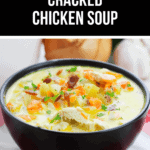 A bowl of savory cracked chicken soup with vegetables rests invitingly on a red and white checkered cloth.