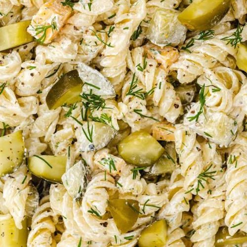 Closeup of pasta salad with a creamy sauce and fresh dill and sliced pickles