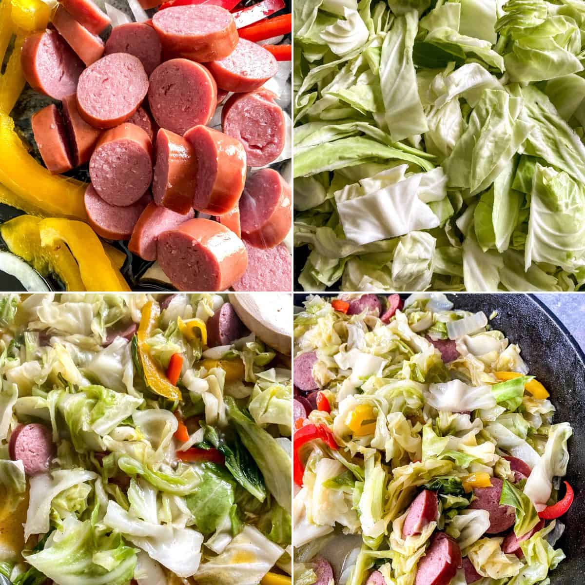 Four-panel collage showcasing Fried Cabbage and Sausage: sliced sausage, chopped cabbage, and bell peppers, then cooked cabbage, sausage, and peppers mixed together in a skillet.