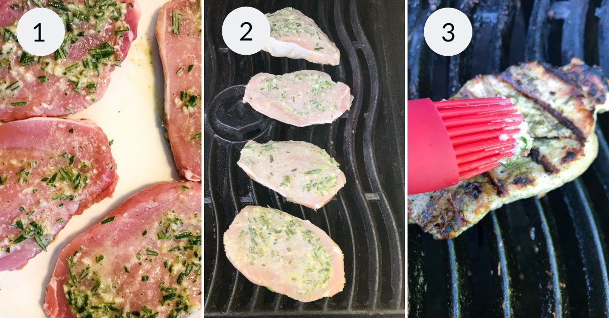 The pork chops before and after grilling.