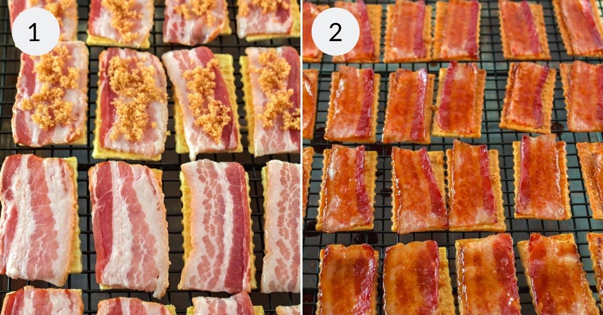 Laying the crackers and bacon on a baking sheet.
