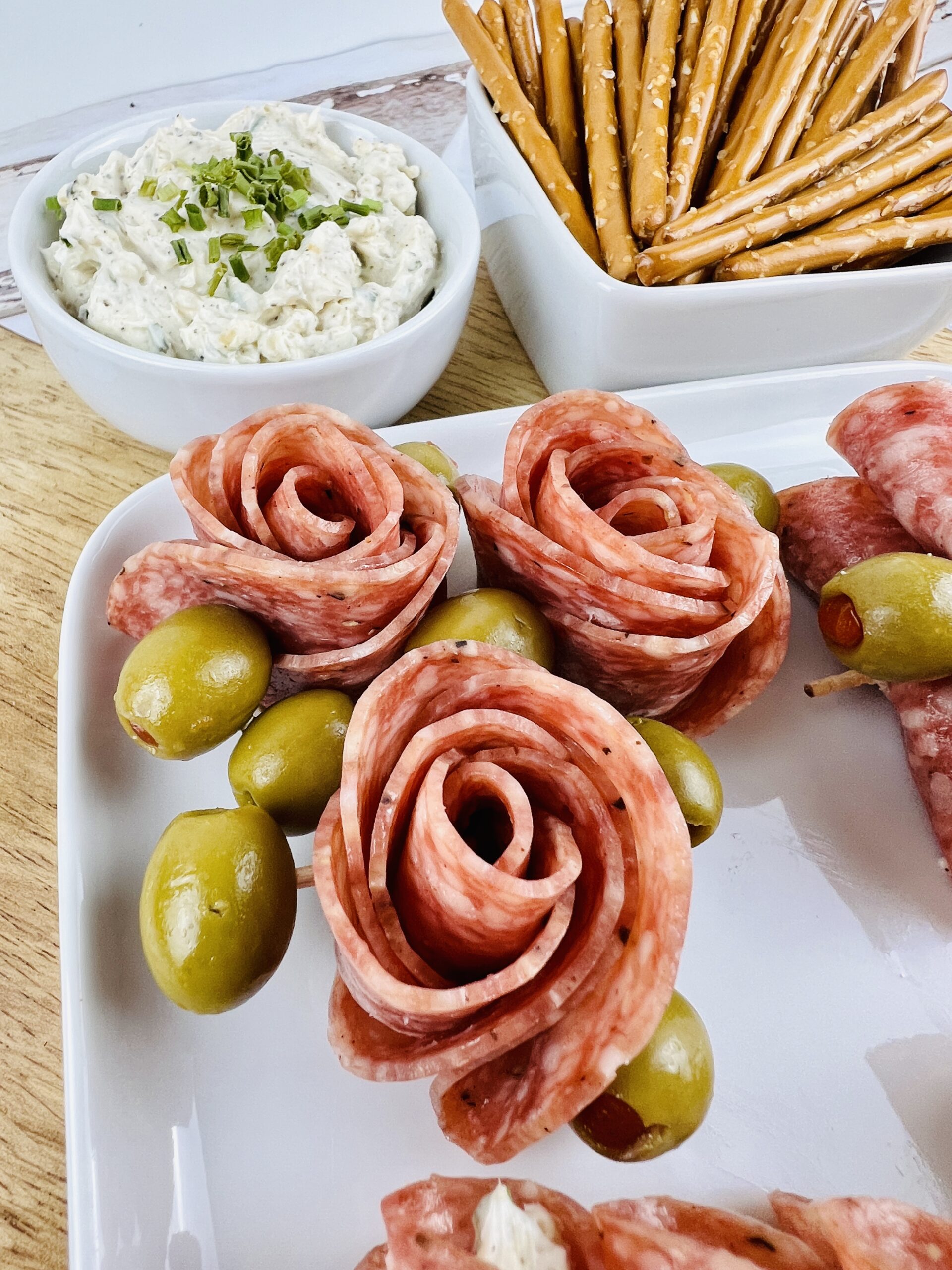 Olives and roses made from the meat.