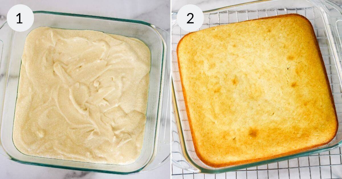 spreading the batter in to a pan and baking.