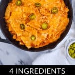 A skillet of lazy enchiladas, garnished with sliced jalapeños. The text reads "4 Ingredients Lazy Enchiladas." A small bowl of chopped jalapeños is beside the skillet.
