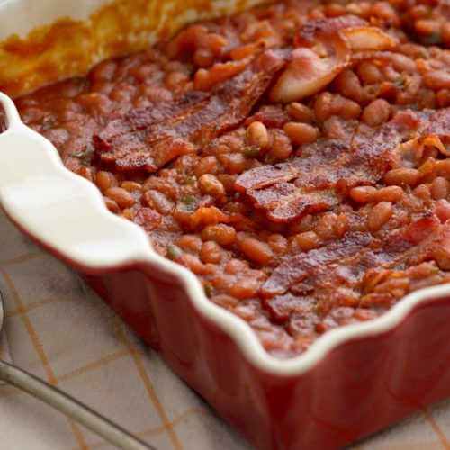 Molasses Baked Beans in a casserole dish.