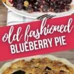 A slice and whole blueberry pie.