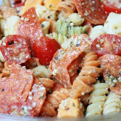 A pasta salad with multicolored pasta and pepperoni, tomatos, and mozarella
