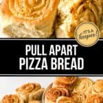 Golden brown Pull Apart Pizza Bread rolls displayed on white plates, with sprinkled herbs and cheese visible on top and inside.