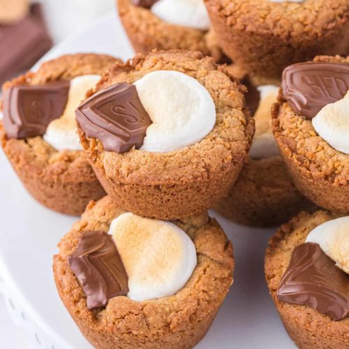 Smore cookie cups with hershey bars on top
