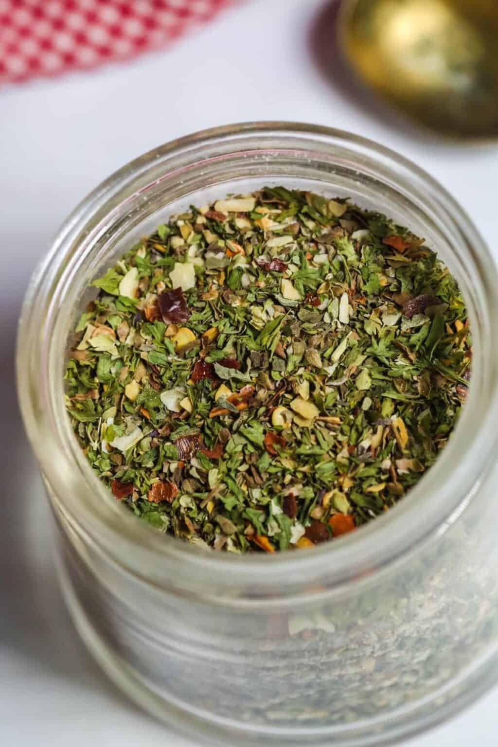 A jar of homemade Spaghetti Seasoning.