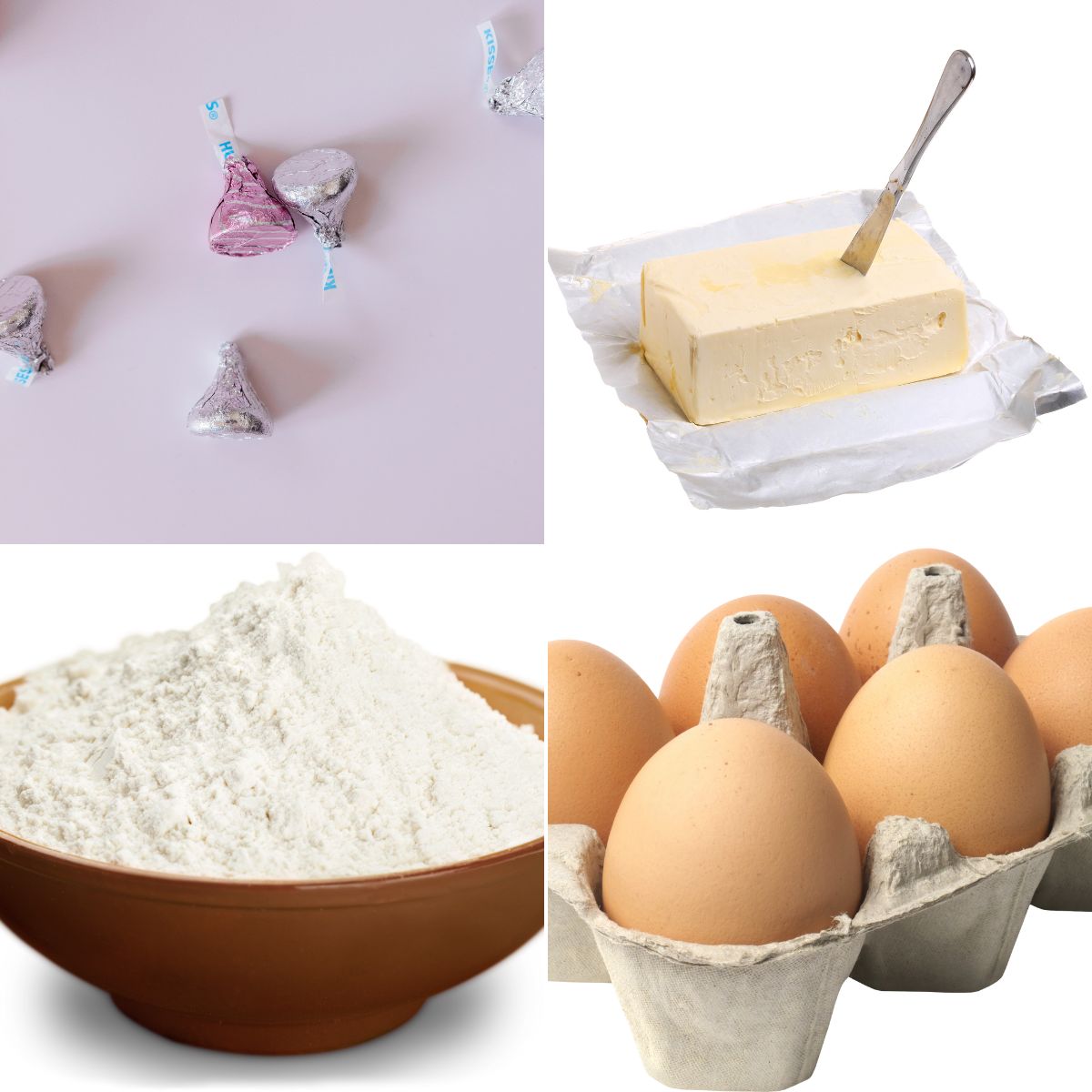 Hershey Kisses, eggs, flour and shortening.