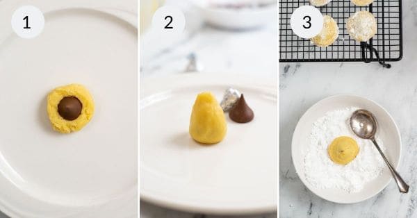 Forming the dough around the candy and baking.