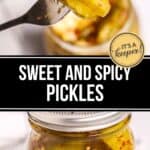 A fork holds sliced Sweet and Spicy Pickles above an open jar brimming with pickles, each piece garnished with vibrant red pepper flakes.