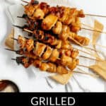 Teriyaki Chicken on a Stick skewers are artfully arranged on a wooden board, with a small bowl of sauce and garlic cloves in the background. The text at the bottom reads "GRILLED TERIYAKI CHICKEN ON A STICK".