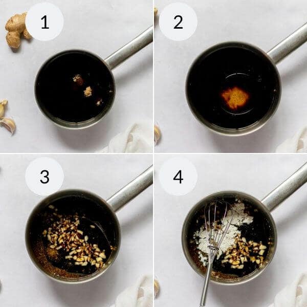 A four-step process of making sauce in a saucepan for  Chicken on a Stick. Step 1: Ingredients in the pan. Step 2: Liquid added. Step 3: Chopped ginger and garlic added. Step 4: Flour added and stirred with a whisk.