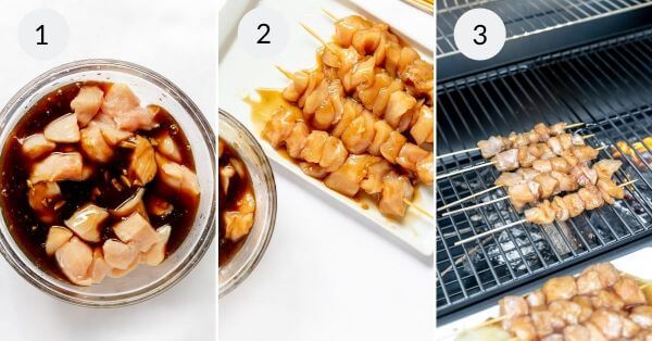 A three-step process for preparing and grilling Teriyaki Chicken on a Stick. Step 1: Chicken pieces in teriyaki marinade. Step 2: Marinated chicken pieces threaded onto skewers. Step 3: Teriyaki chicken skewers grilling on the barbecue.