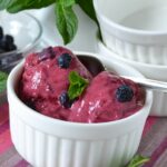 Watermelon Blueberry Sorbet with a garnish of mint leaves.