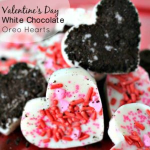 White chocolate oreo bark with red and pink sprinkles on top