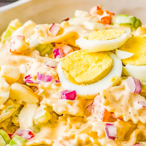 Pasta salad with vegetables and hard boiled eggs