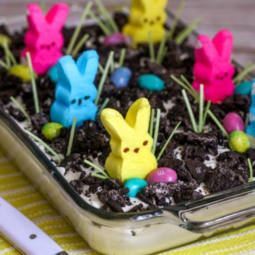 Oreo dirt cake with Peep bunnies sticking out of it