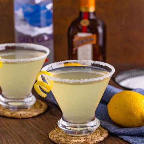 2 Lemon Drop Martinis with a lemon garnish