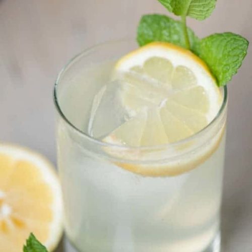 A glass of Summer Vodka Fizz garnished with a lemon and mint leaf