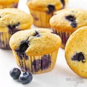 Low Carb keto muffins with almond flour Blueberry muffins with two blueberries on the side