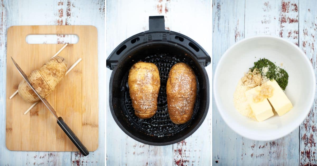 Three images: sliced Air Fryer Hasselback Potatoes on a cutting board, two potatoes in an air fryer basket, and a bowl with butter, seasonings, and garlic on a white surface.