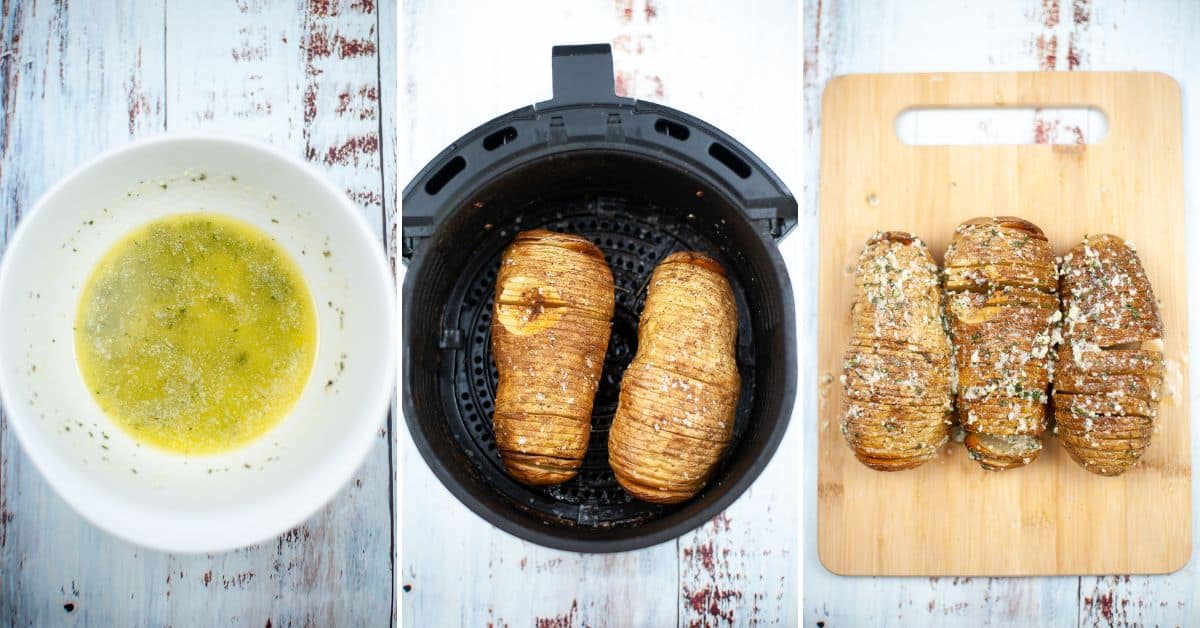Three-part image: melted butter in a white bowl, two sliced potatoes in an air fryer basket, and three Air Fryer Hasselback Potatoes seasoned and arranged on a wooden cutting board.