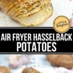 A sliced, seasoned Air Fryer Hasselback Potato sits on a white plate, topped with fresh herbs and grated cheese, showcasing an easy air fryer recipe.