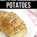 Air Fryer Hasselback Potatoes are perfectly sliced and cooked until crisp, topped with fresh herbs and coarse salt, then served on a white plate.