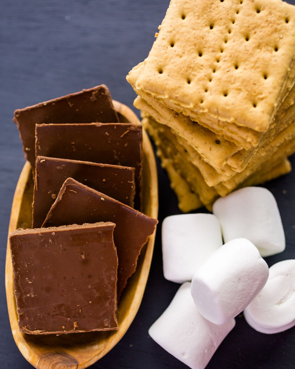 Chocolate bars, marshmallows and crackers.