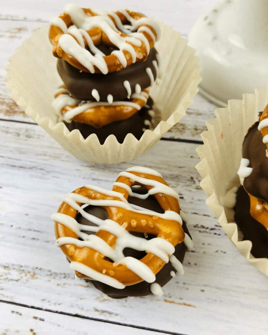 A close up on the caramel chocolate pretzels.