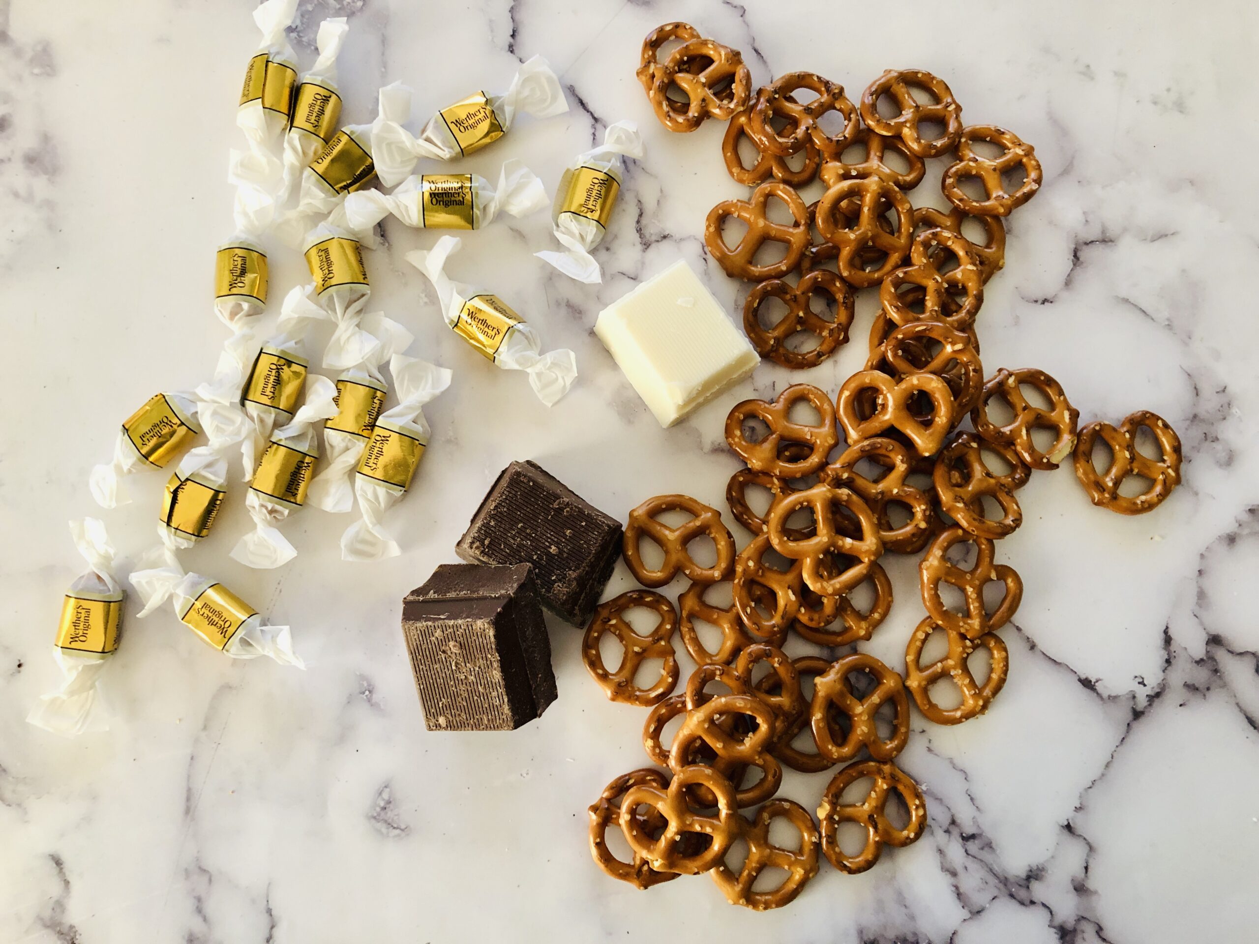 caramels, pretzels and chocolate.