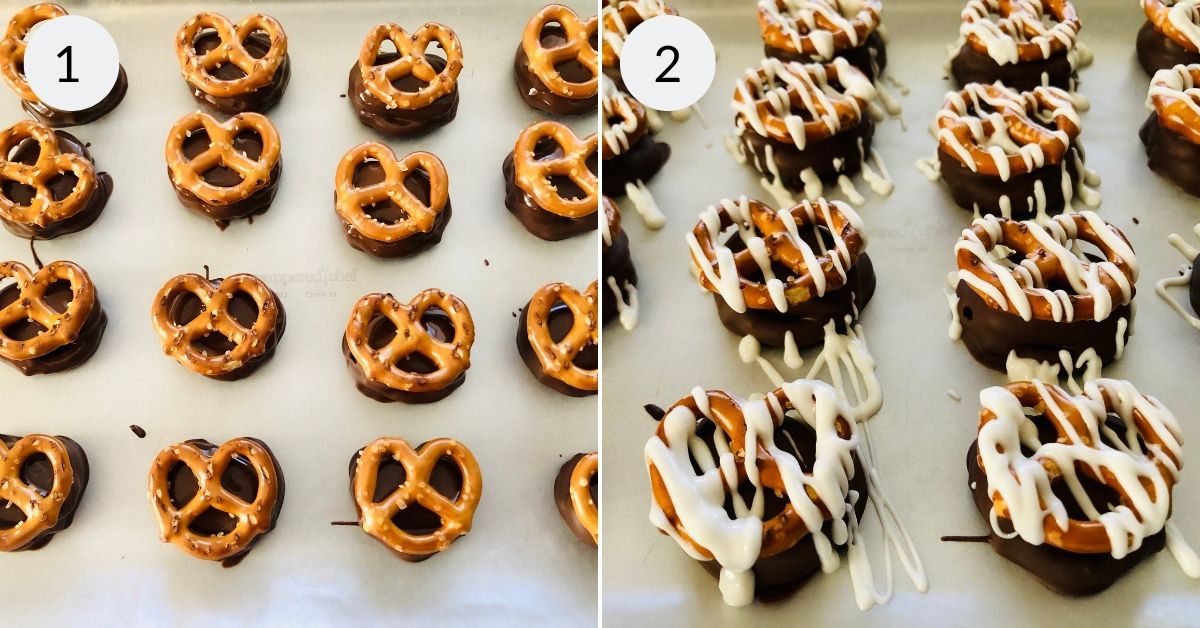 Drizzling chocolate on the pretzels.