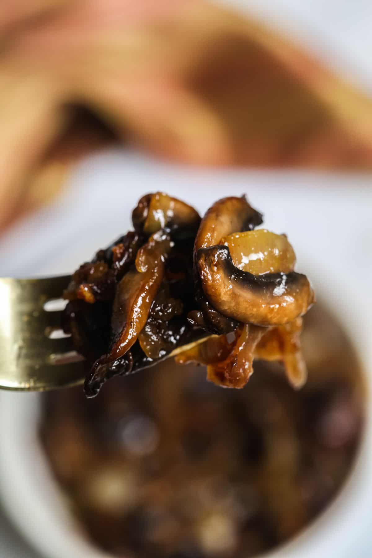 A close-up of a fork holding savory bowl of the flavorful dish blurred in the background.